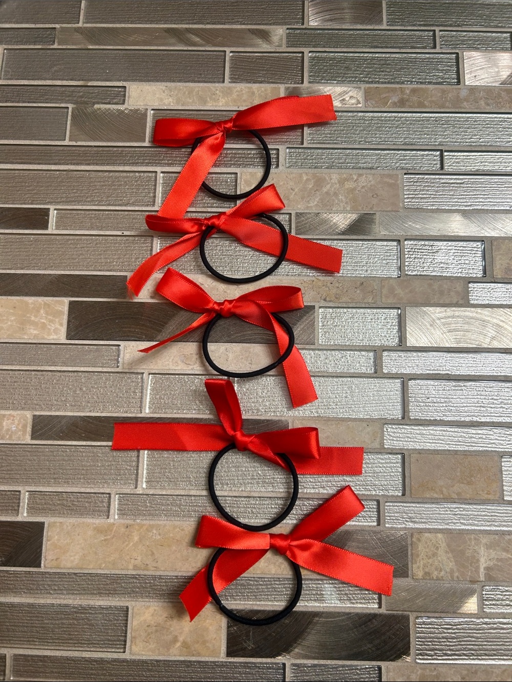 Red Ribbon Bow Hair Ties - Set of 5